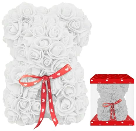 White Rose Bear Artificial Roses Gift Box | Red Heart Bow, Valentine's Day Gift, Birthday & Anniversary, Romantic Present, Teddy Bear Design