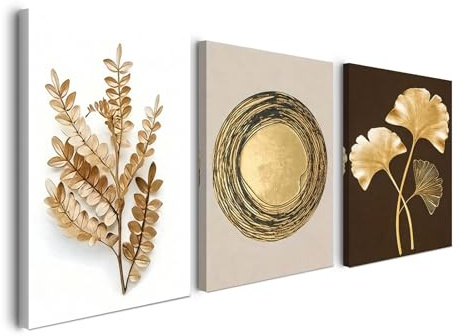 Alptiny Canvas Wall Art Set of 3 Canvas Prints Gold Abstract Plants Floral Pictures Wall Decoration Paintings Artwork Framed For Living Room, Bedroom Hallway Bedroom Wall Decor 30x40cm/12x16 Inch