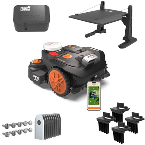 WORX Vision Cloud 2WD WR306E Robot tondeuse 600 m² sans fil périphérique + Garage + Antivol + Brosses de roue + Lames longue durée (évitement d'obstacles IA, navigation VSLAM + RTK Cloud, Cut-to-Zero)