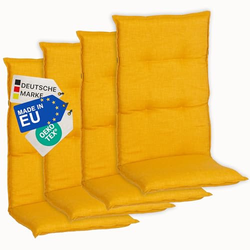 NYVI Gartenstuhl Auflagen Hochlehner 4er Set Barcelona - UV-Beständig, Atmungsaktiv, Strapazierfähig - Hochlehnerauflagen Sitzkissen Outdoor - Sitzauflagen für Gartenstühle 118x50cm Senfgelb