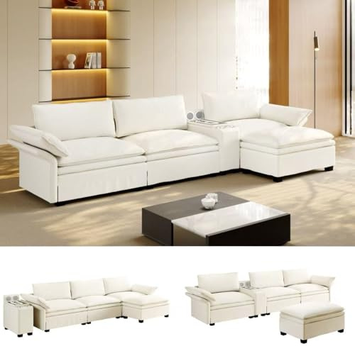 315cm L-Form Cloud Couch mit Stauraum&Ottomane, Chenille Stoff, 4-Sitzer Modulares mit kabellosem Laden, Bluetooth Lautsprecher, LED Licht, 2 Getränkehaltern, Wohnlandschaft für Wohnzimmer Büro, Weiß