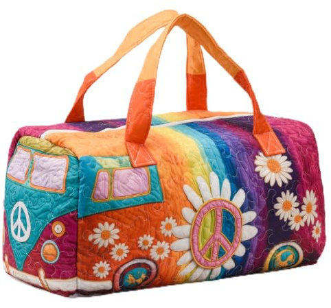 LTFIOON Hippie Bus Reisetasche, Boho Wochenendtasche mit Quilted-Embroidery, 49x24x24 cm – Hippie Van Quilted Duffle Bag, Weekender für Damen & Herren, Strandtasche & Handgepäck