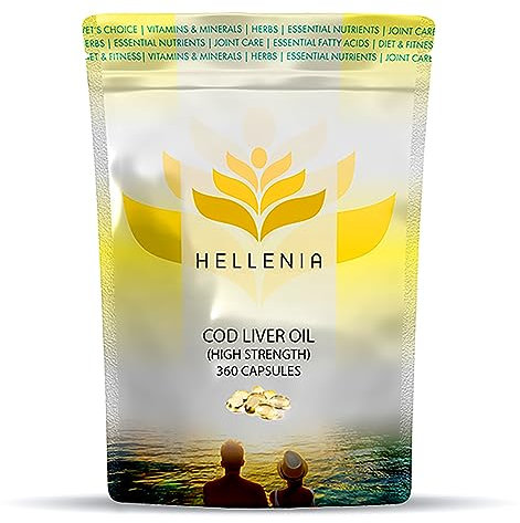 Cod Liver Oil Capsules High Strength 1000mg | 360 Fish Oil Capsules UK Made - 1 Year Supply | Rich Source of Omega 3 Essential Fatty Acids | High EPA DHA | Gluten Free - Made in The UK for Hellenia