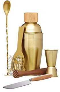 BarCraft Cocktail Set, Professionelles Cocktail Shaker Set aus Messing, 6-teiliges Barkeeper Set mit Messbecher, Messer, Shaker, Löffel, Sieb und Stößel, 12 x 17 x 22 cm, Gold Messing und Holz