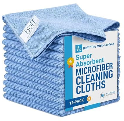 Buff Pro - Paños de Limpieza de Microfibra multisuperficie de 12 x 12 Pulgadas, Color Azul, Paquete de 12, Toallas de Microfibra Limpiar Vidrio, cocinas, baños, automoción,