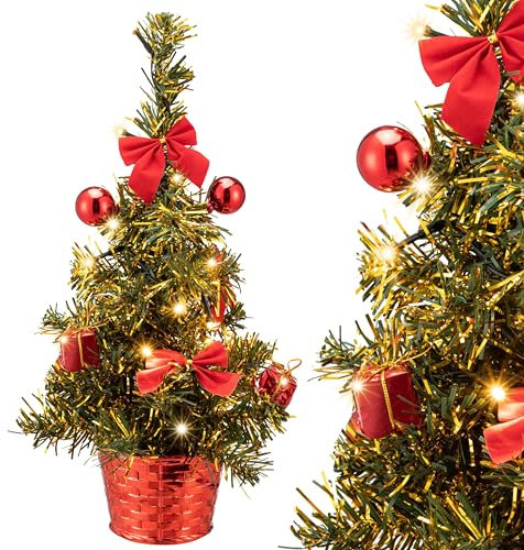 CASARIA® Weihnachtsbaum künstlich 36cm Klein Tisch geschmückt mit Beleuchtung LED Lichterkette Timer Topf schwer entflammbar Deko grün mini Tannenbaum