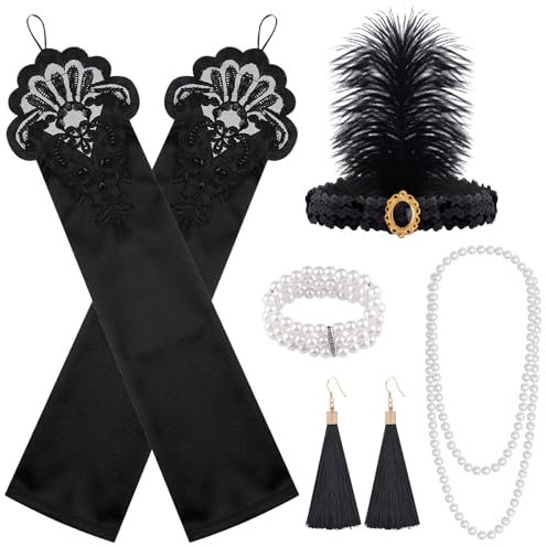 FEPITO 8 teilig 1920er Flapper Great Gatsby Accessoires Set Fashion Roaring 20's Theme Set mit Stirnband Kopfschmuck Lange schwarze Handschuhe Halskette Ohrringe für Damen(Set D)