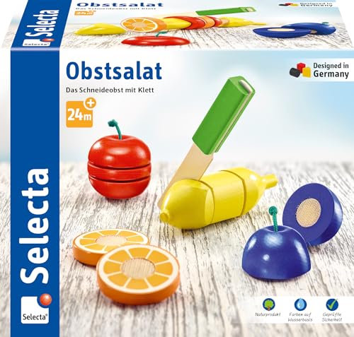 Selecta 62070 Obstsalat, Klett und Schneidespielzeug aus Holz, 11 Teile, Küchen-Spielzeugset, Mehrfarbig, S
