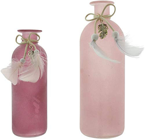 Dekoleidenschaft 2 Vasen aus Glas in rosa Beeren-Tönen, verziert mit Federn, 16 und 20 cm hoch, Glasvase, Blumenvase, Tischvase, Vasenset