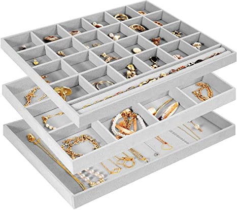 ProCase Schmucktabletts Organizer, 3-teiliges Set Schmuckeinsatz für Schubladen, Schmucktablett Stapelbar Schmuck Organizer Schublade für Ohrstecker, Ohrringe, Armbänder, Ringe, Uhren -Grau