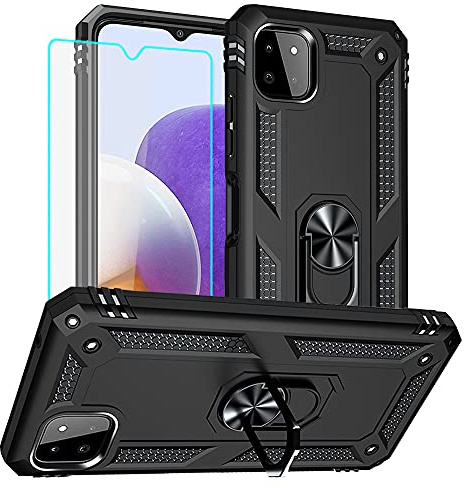 Cuoqing Samsung A22 5G Case, Samsung Galaxy A22 5G Case and Screen Protector, Ring Holder Full Body Protective Shockproof Armour Phone Case for Samsung Galaxy A22 5G (Black)