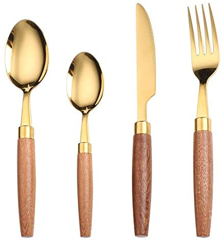 18/8 Stainless Steel Kitchen Silverware Knife Fork Spoon Wooden Handle Knife Fork Spoon Steak Knife Fork Spoon 4-Piece Set (Gold-4 Pieces)