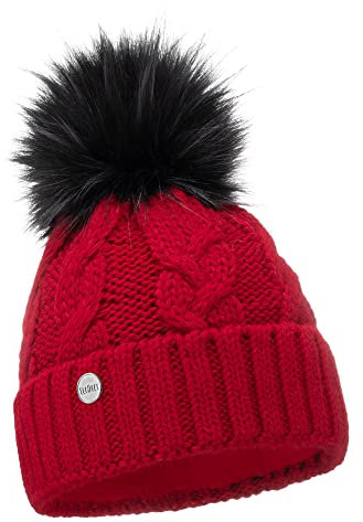 ELIMELI® Winter Mütze Damenmütze mit Fell-Bommel Fleece Innenfutter gefüttert - warme Damen Bommelmütze Strickmütze - Wintermütze mit Kunstfell Bommel - Slouch Strick Beanie Made in EU (rot)