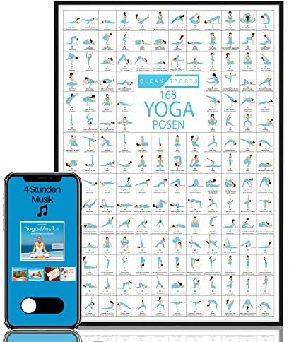CLEAN SPORTS® Yoga Poster DIN A1 168 Posen und Asanas, Zubehör für Yoga-Studios und Zuhause, perfekte Geschenkidee, Chakra Übungen für Anfänger und Profis inkl. Yogamusik | ungerahmt