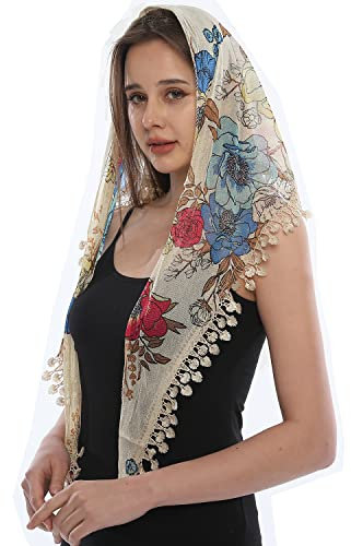 LMVERNA Mantilla-Schleier mit Spitze, katholischer Schleier, Kirchenschleier, Kopfbedeckung, lateinische Masse, flower-beige, Medium