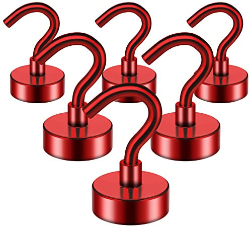 FINDMAG 6 Stück Magnethaken Stark, 10 kg+(22 lbs+) Magnethaken Extra Stark, Kühlschrankmagnet Haken zum Aufhängen, Neodym Magnet mit Haken, Rot Magnethaken für Kreuzfahrt, Decke, Bad, Küche, Garage