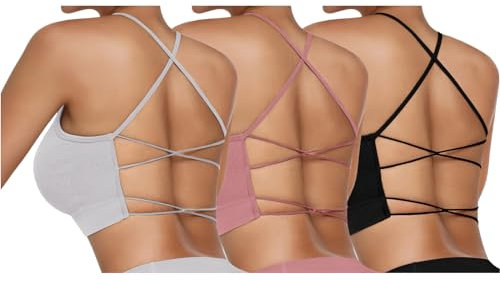 Vertvie Damen Sport BH Gepolstert Crossback Yoga Sports Bra Spaghettiträger Rücken Verkreuzt Gerippt Bustier Ohne Bügel Atmungsaktiv BH mit Abnehmbaren Cups(3pc: Schwarz + Grau + Rosa,M)
