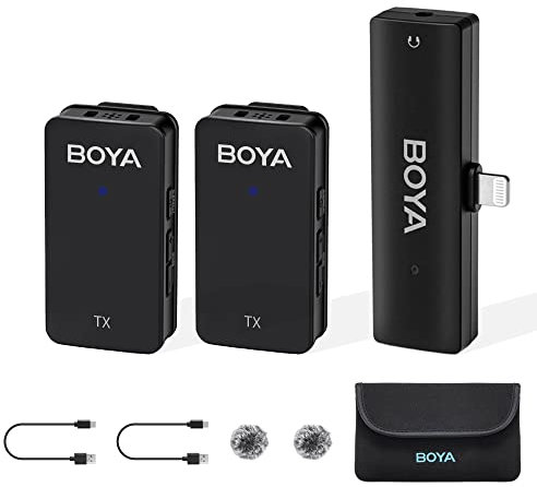 BOYA Micrófono inalámbrico para iPhone, micrófono de Solapa de Doble Clip con cancelación de Ruido&Mono/Stero para Youtube Vlog Entrevista Live Stream Grabación de vídeo (Wmic5-M4)