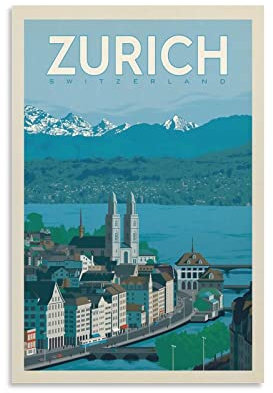Vintage-Reiseposter Schweiz Zürich Poster Dekorative Malerei Leinwand Wandposter und Kunstbild Druck Moderne Familienzimmer Schlafzimmer Dekor Poster 30 x 45 cm