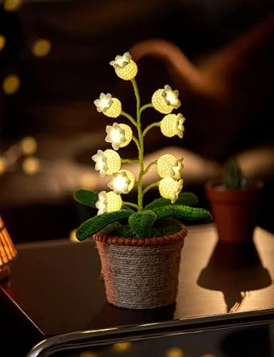 Lámpara de Lirio del Valle,10 Flores Artificiales de Ganchillo con Luces nocturnas, Lirio de Valle Falso,macetas Incluidas, para Regalo,cumpleaños,decoración del hogar de Escritorio (lámpara cálida)