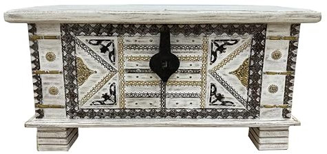 Oriental Galerie Shabby Chic Holztruhe mit Messingbeschlag Schatztruhe Truhe Kiste Box Holz Indien Massiv Antik-Optik Weiß Gold 80cm