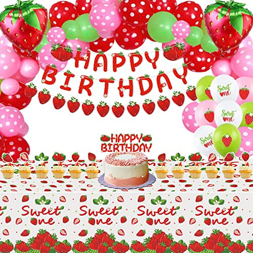 74 Pack Erdbeer Party Dekorationen Berry Ersten Geburtstag Party Supplies Sommer Obst Thema Dekor Sweet One Birthday Dekorationen Set - Erdbeere Ballons, Banner, Tischdecke, Cupcake Toppers