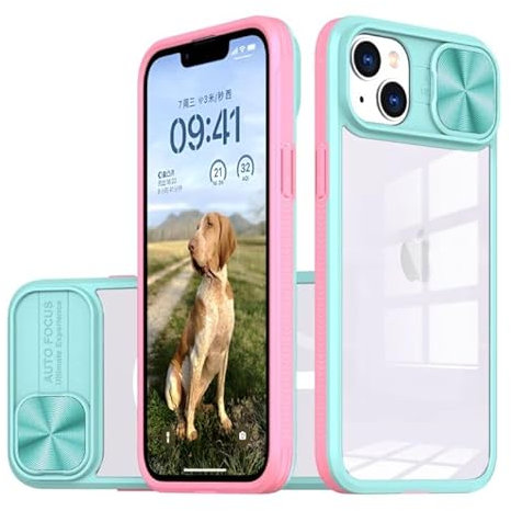 MHtech for iPhone 14 Case with Camera Cover, Slim Fit Shockproof Protective Soft Bumper Case with Slide Lens Protection Designed for 14(Blue+Pink)