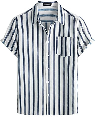 LucMatton Men's Casual Linen Breathable Vertical Stripes Print Shirt Summer Short Sleeve Button up Hawaiian Vacation Tops White X-Large