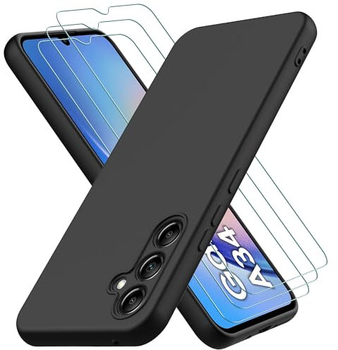 Oureidoo Hülle kompatibel mit Samsung Galaxy A34 5G, mit 3 Stück Panzer Schutz Glas, Handyhülle für Samsung Galaxy A34 5G Silikon gummiert, Handy Case in Schwarz