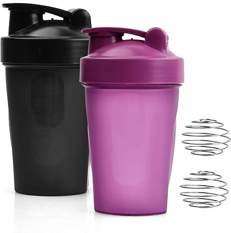 2 Protein Shaker Flasche 400 ml Wasserflasche BlenderBottle Auslaufsicher mit BlenderBall Trinkflasche BPA Frei Nutrition Eiweiß Shaker für Cremige Whey Proteinpulver Shakes, Schwarz + Lila…