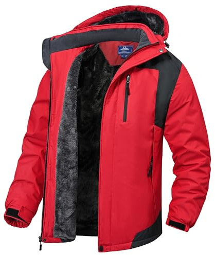 Zzkouine Uomo Giacca da Sci impermeabile montagna Giacche Pile invernale antivento Cappotto con Cappuccio Antivento Parka Media Lunga Imbottita Giubbotto Casual in Cotone Uomo-Red-3XL