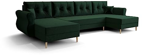 ALTDECOR Ecksofa in U-Form mit Schlaffunktion und Bettkasten Corner Sofa Bett Eckcouch Couch L-Form Schlafcouch Ausziehbar Wohnlandschaft Schlafsofa Cauchsofa - APOL-U - 300x140x93cm Dunkelgrün