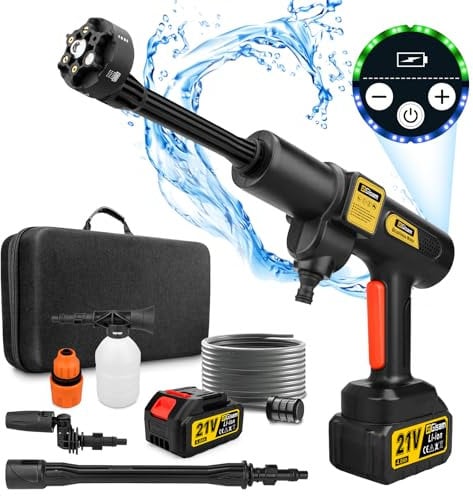 Gisam Idropulitrice a Batteria, Max 943 PSI con 2 x 4000mA Batterie, Spruzzatore di Schiuma, 6 in 1 Multiuso Ugello e 180° Ugello Girevole per Pulire e Irrigazione