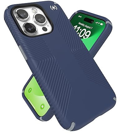 Speck iPhone 15 Pro Hülle – Gebaut für MagSafe, Fallschutzgriff – kratzfest, weiche Haptik, 6,1 Zoll Handyhülle – Presidio2 Grip Coastal Blue/Dust Grey/White