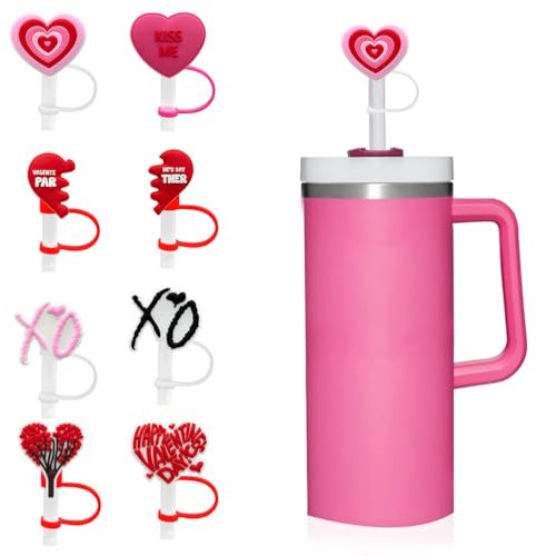 8 tapas de popote de San Valentín de 10 mm para taza Stanley, decoración de popote de silicona con corazón para vasos de 30 y 40 onzas con asa, tapas reutilizables a prueba de polvo de 0.4 pulgadas