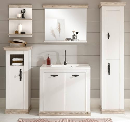 Furn.Design Badmöbel Set in weiß Pinie/Oslo Pinie Landhaus-Stil Badezimmer 6-teilig mit Waschbeckenunterschrank MIT Waschbecken, Spiegel, Wandregal, Kommode, Hochschrank 205 x 200 cm Rovola (Set 5)