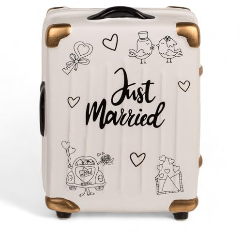MIJOMA Salvadanaio per matrimonio a risparmio di matrimonio: salvadanaio originale con lucchetto, Just Married in ceramica – perfetto per coppie sposate e volpi salvadanaio