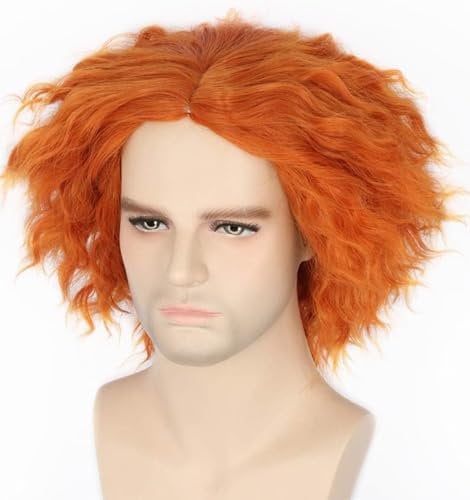 LeMarnia Verrückter Hutmacher Perücke Orange Kurz Lockige Perücke für Halloween Karneval Cosplay Perücken