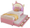 Azkoeesy Letto imbottito con LED per bambini 90 x 200 cm e 90 x 190 cm, con letto estraibile e 3 cassetti, testiera a forma di unicorno, rivestimento in PU, Rosa
