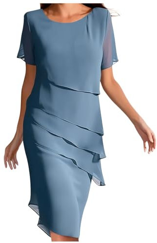 Damen Stufen Chiffonkleid Faltenkleid Patchwork Sommerkleider Chiffon Rundhals Kurzärm Kleid Mode Elegant Abend Midikleid Abendkleider Partykleid