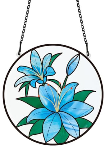 PLIGREAT Atrapasueños con flores de lirio azul, acrílico de vidrieras, atrapasueños de verano, patio, jardín, adornos colgantes de árbol para sala de estar, dormitorio, sala de juegos, decoración de