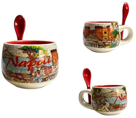GMM Tazzina Napoli da Caffè in Ceramica con Cucchiaino, Decorata, Souvenir, Stampa Napoli, Capacità 70 Millilitri (5 Centimetri)