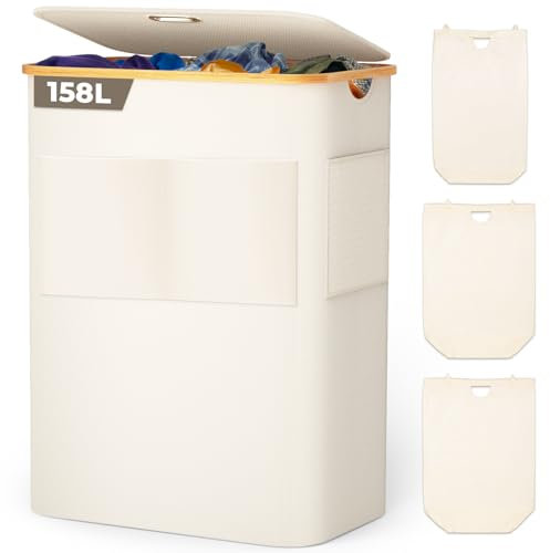 OUSFOT Cesto para la ropa sucia de 158 l con 3 compartimentos para ropa sucia con tapa y mango de bambú, bolsa de tela plegable con carga frontal, cesto para la ropa beige