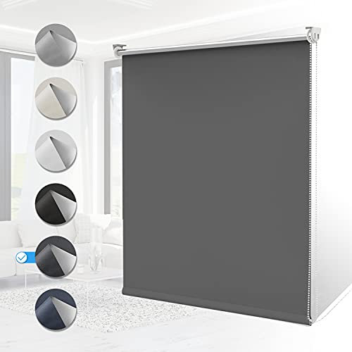 Verdunklungsrollo ohne Bohren Rollos für Fenster B120 x H130 cm (Stoffbreite 115cm) Dunkelgrau Thermo Rollo Klemmfix Verdunkelungsrollo Seitenzugrollo Sicht-und Sonnenschutz Wandmontage