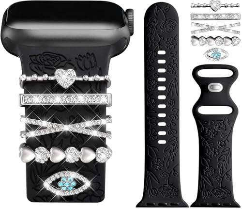 Designer Flower Engraved Strap with Charming Decoration Compatible with Apple Watch Straps Women 38mm 40mm 41mm 42mmm 44mm 45mm 46mm, Strap with Decoration for iWatch Series 10 9 8 7 6 5 4 3 2 1 SE