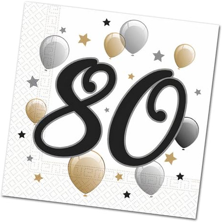 Geburtstagsdeko Papierservietten Zahl 80 Jubiläum - 60 Stück runder Geburtstag Servietten weiß mit schwarzer Zahl, gold-silber-schwarze Luftballon & Stern Motive