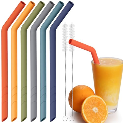 NiHome Lot de 6 pailles en silicone réutilisables, extra larges, pour boba, smoothies et thé aux bulles, longueur découpable, sans BPA, avec 2 brosses de nettoyage, arc-en-ciel foncé
