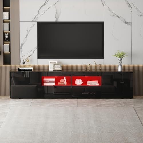 LSLIFE Modern 200cm High Gloss TV Stand Cabinet with RGB LED Lights, TV Cabinet for 65-85 Inch Television Living Room TV Unit with 2 Doors 2 Drawers 16 Colors Lights 200 (W) x 45 (H) x 35 (D) cm