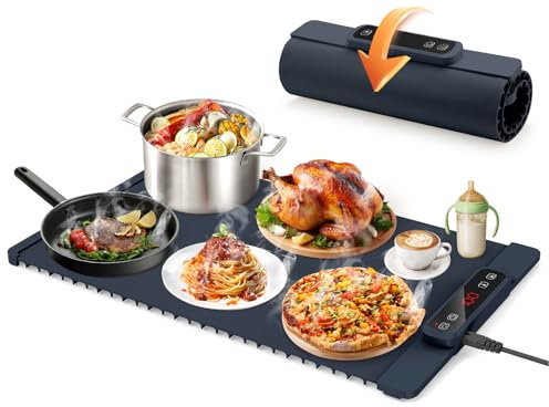 Food Warming Mat, Electric Food Warming Tray with 5 Temperature Settings and 1-4 Hours Timers, Foldable Food Warmer for Buffet Server Party Thawing, Hot Plates for Keeping Food Warm-Dark Blue