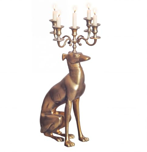 FineBuy Kerzenhalter Windhund 69 cm Aluminium Gold, 5-armig | Kerzenleuchter aus Metall für 5 Kerzen, Bodenkerzenständer mit Hunde-Figur, handgefertigtes Unikat